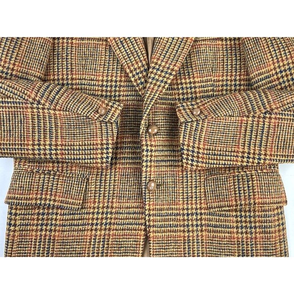 Vintage 60s Harris Tweed Sport Coat Blazer Mens 42R Glen Plaid 2 Button Tan - Picture 7 of 10
